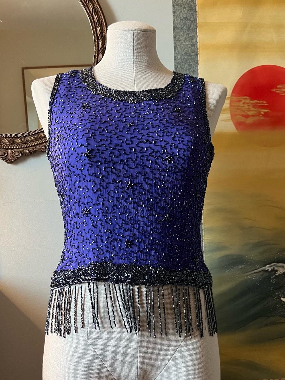 Silk Beaded Fringe Sleeveless Top in Deep Purple/ Blue